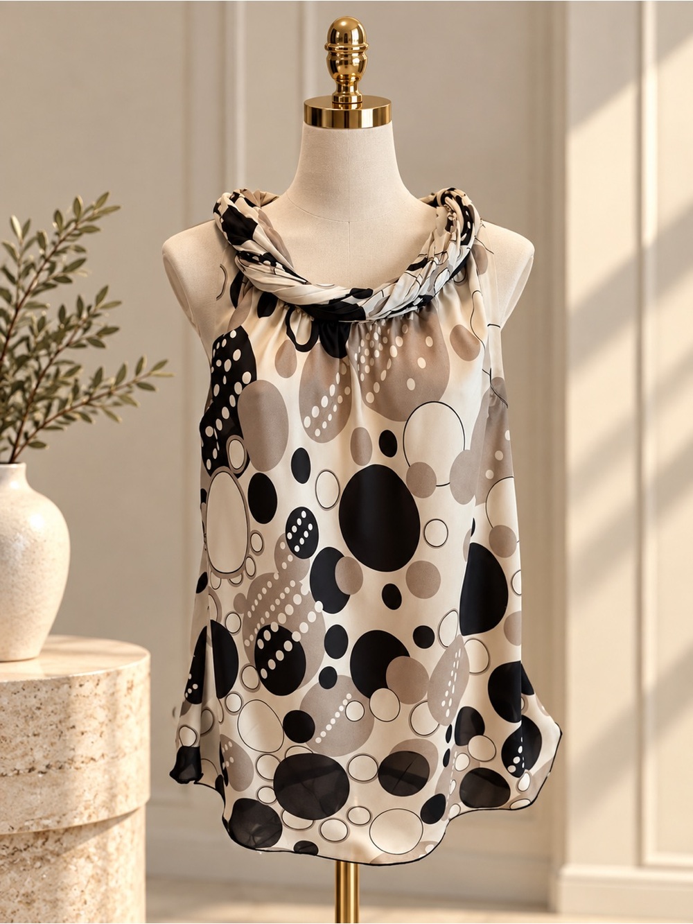 Sleeveless Cowl Neck Polka Dot Tank Top - Black & Cream